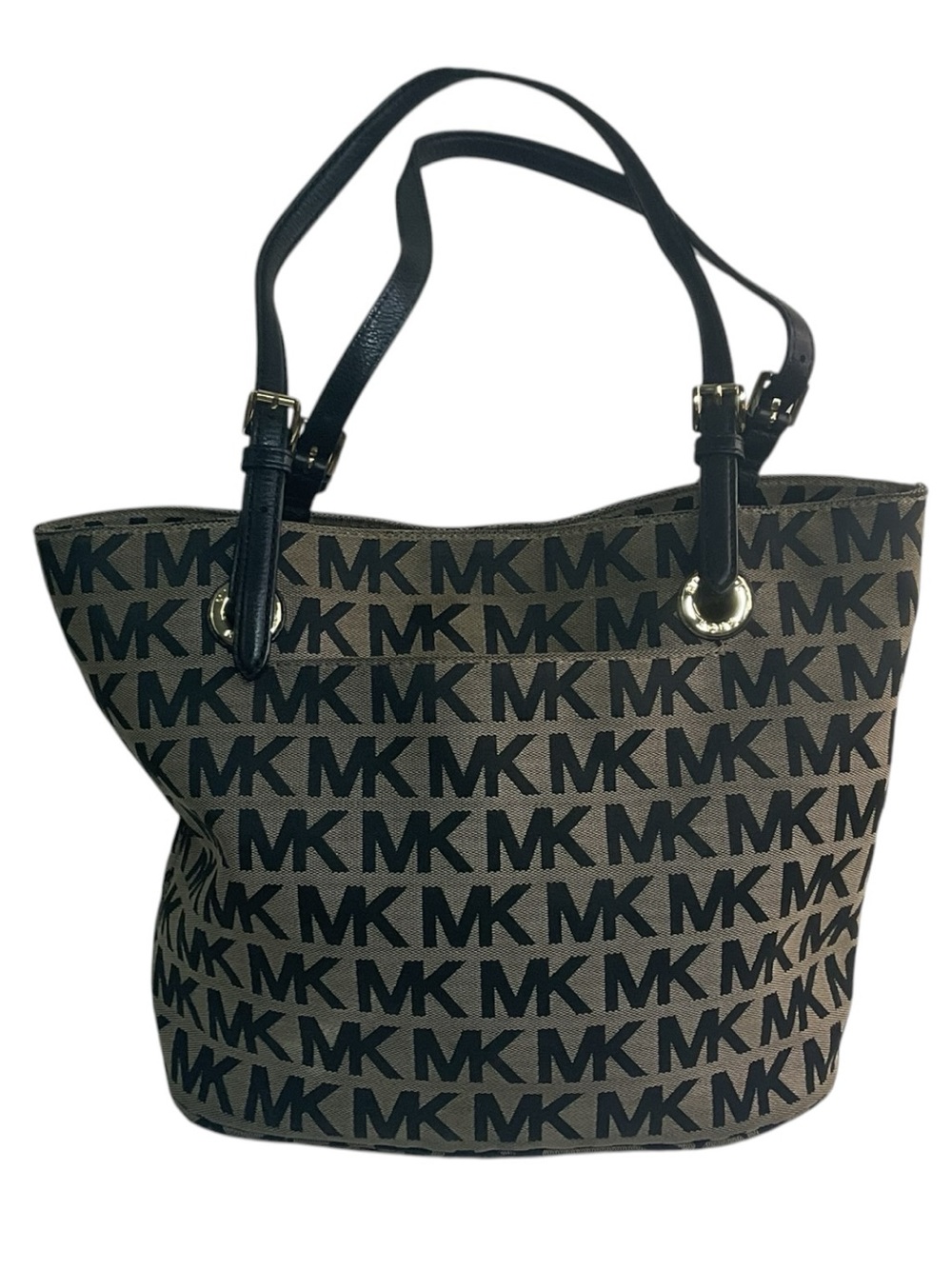 Michael Kors Black Logo Brown Canvas Tote with Black Straps